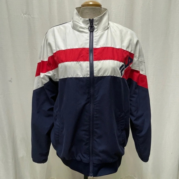 Fila Slade Track Jacket Men Logo Spell Out Red White Blue USA Windbreaker med - Picture 1 of 16
